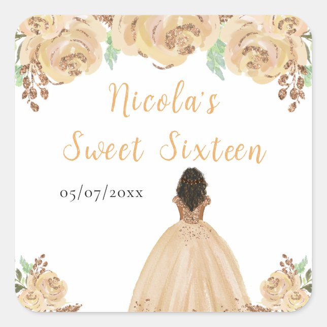 Dark Skin Princess Peach Floral Sweet Sixteen Square Sticker (Front)