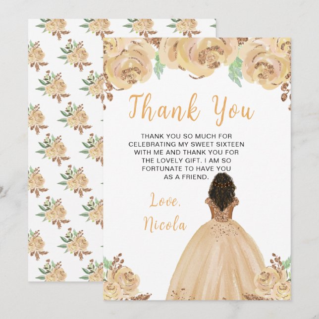 Dark Skin Princess Peach Floral Sweet Sixteen Thank You Card (Front/Back)