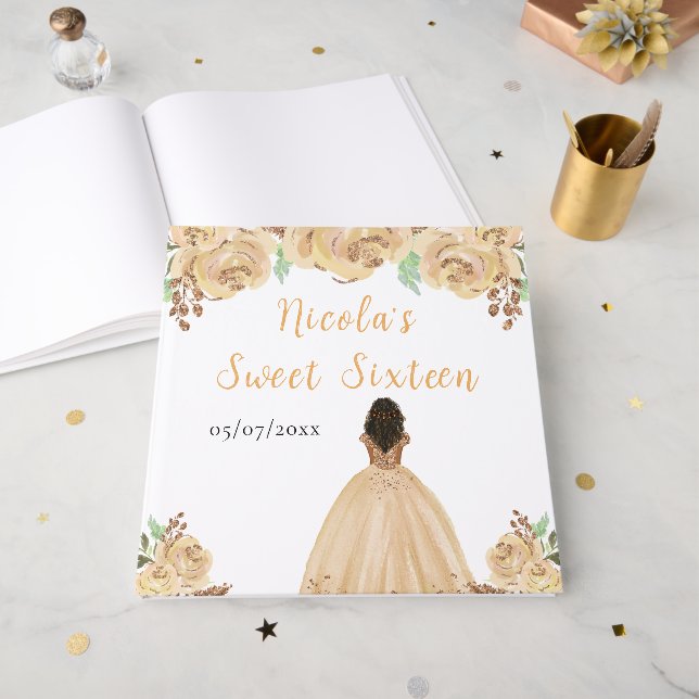 Dark Skin Princess Peach Sweet Sixteen Guest Book (Front Open)