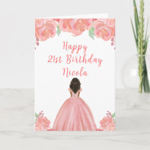 Dark Skin Princess Pink Floral Birthday Party Card