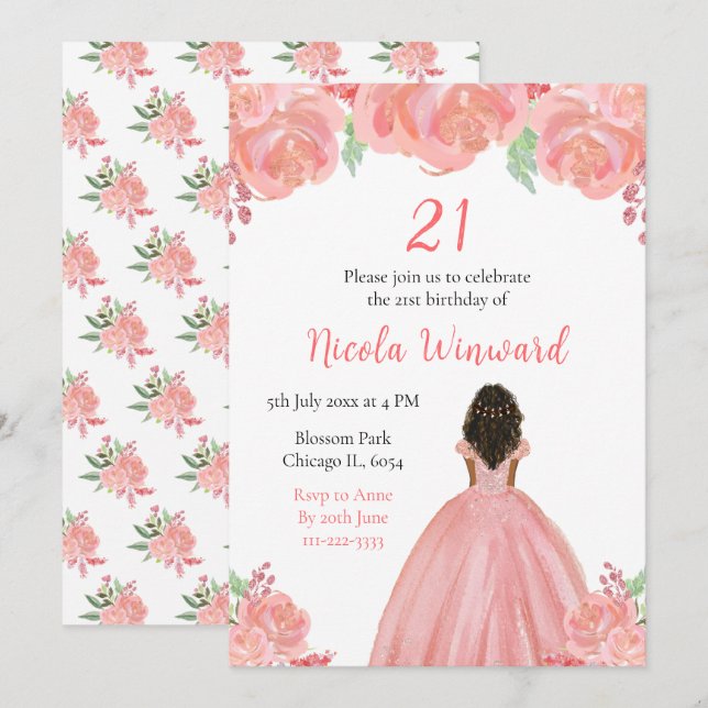 Dark Skin Princess Pink Floral Birthday Party Invitation (Front/Back)
