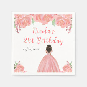 Dark Skin Princess Pink Floral Birthday Party Napkin