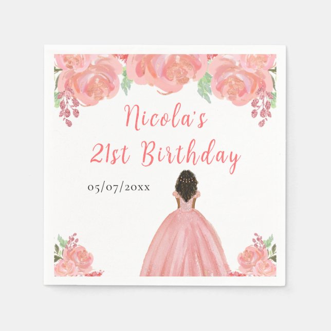 Dark Skin Princess Pink Floral Birthday Party Napkin (Front)