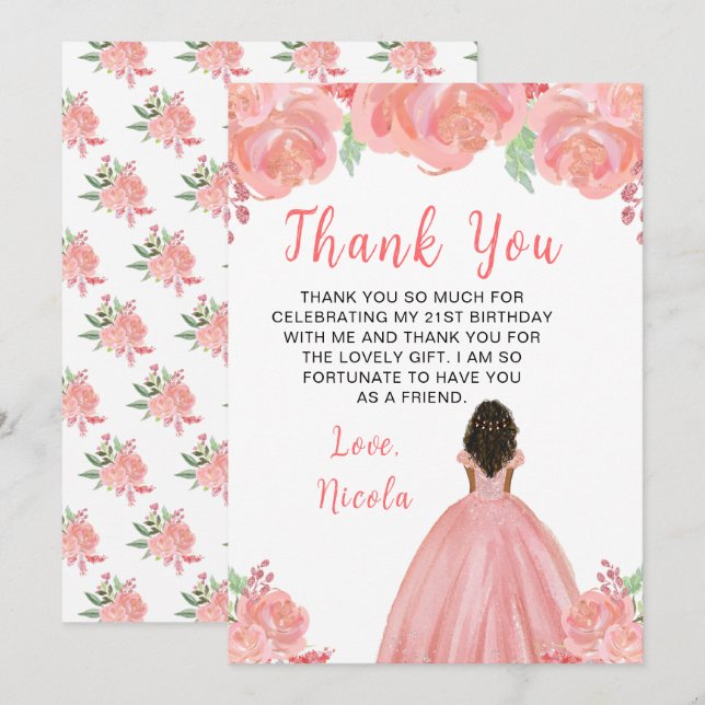 Dark Skin Princess Pink Floral Birthday Party Thank You Card (Front/Back)