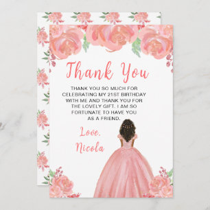 Dark Skin Princess Pink Floral Birthday Party Thank You Card