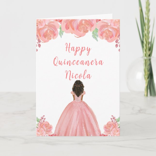 Dark Skin Princess Pink Floral Quinceanera Card (Front)