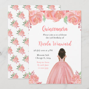 Dark Skin Princess Pink Floral Quinceanera Invitation