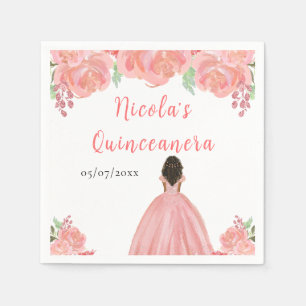 Dark Skin Princess Pink Floral Quinceanera Napkin