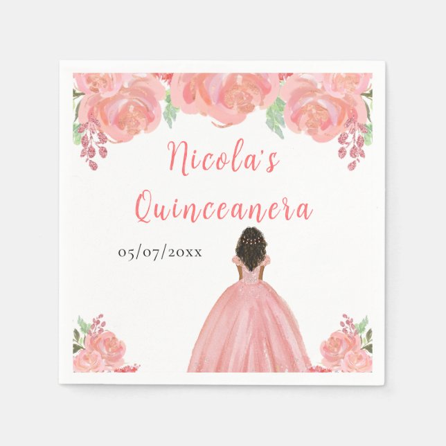 Dark Skin Princess Pink Floral Quinceanera Napkin (Front)