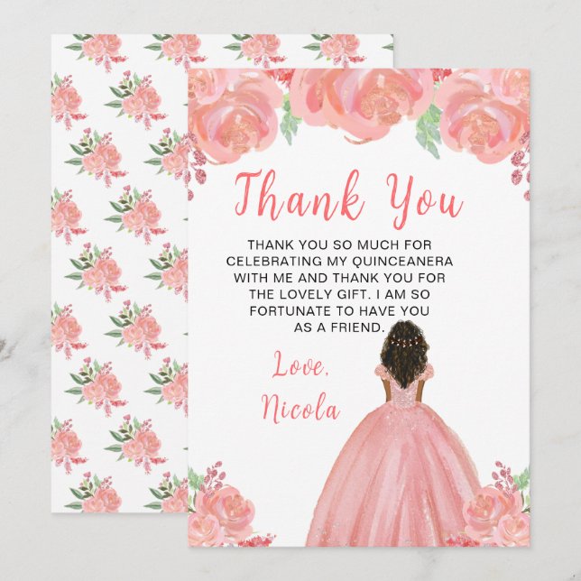Dark Skin Princess Pink Floral Quinceanera Thank You Card (Front/Back)