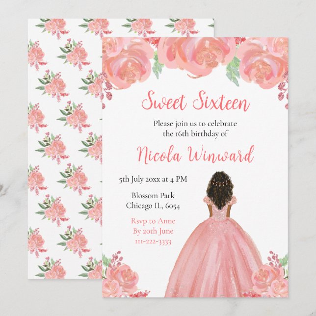 Dark Skin Princess Pink Floral Sweet Sixteen Invitation (Front/Back)