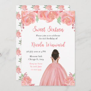 Dark Skin Princess Pink Floral Sweet Sixteen Invitation