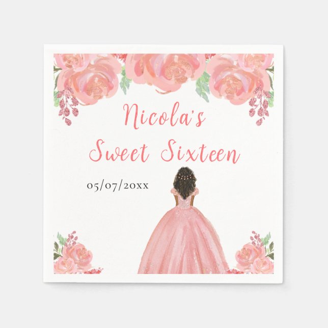 Dark Skin Princess Pink Floral Sweet Sixteen Napkin (Front)