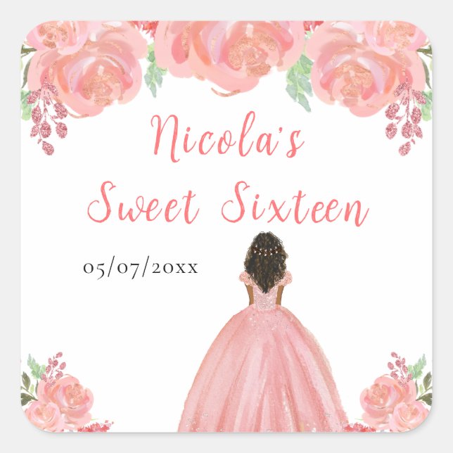 Dark Skin Princess Pink Floral Sweet Sixteen Square Sticker (Front)
