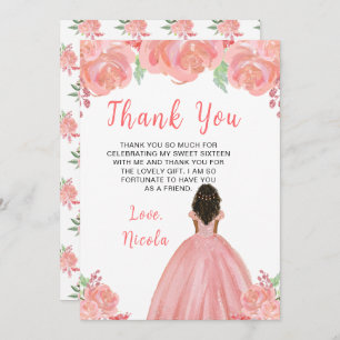 Dark Skin Princess Pink Floral Sweet Sixteen Thank You Card