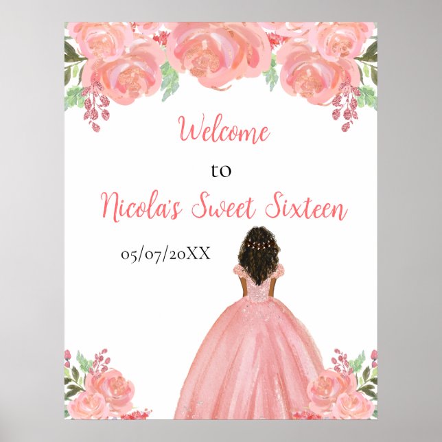 Dark Skin Princess Pink Sweet Sixteen Welcome Poster (Front)