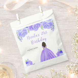 Dark Skin Princess Purple Floral Birthday Party Favour Bags