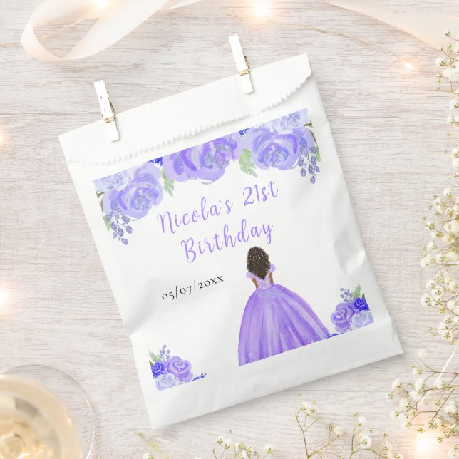 Dark Skin Princess Purple Floral Birthday Party Favour Bags (Clipped)