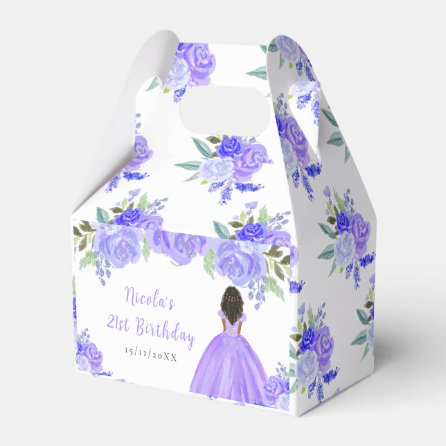 Dark Skin Princess Purple Floral Birthday Party Favour Box (Front Side)