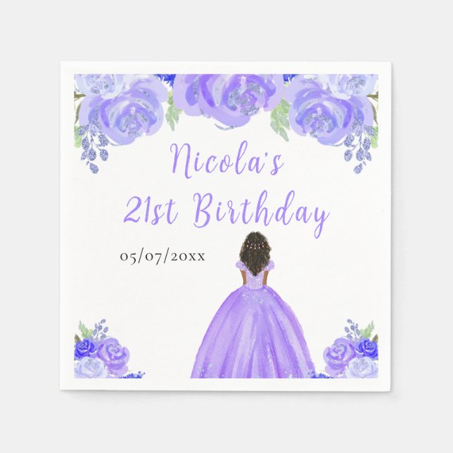 Dark Skin Princess Purple Floral Birthday Party Napkin (Front)
