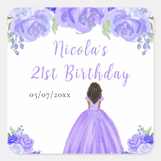 Dark Skin Princess Purple Floral Birthday Party Square Sticker (Front)