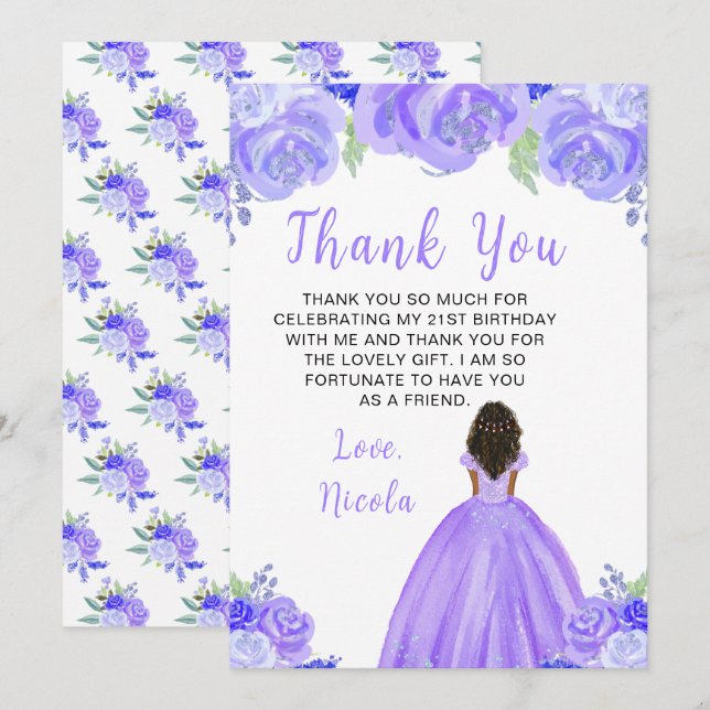 Dark Skin Princess Purple Floral Birthday Party Thank You Card (Front/Back)