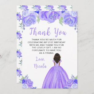 Dark Skin Princess Purple Floral Birthday Party Thank You Card