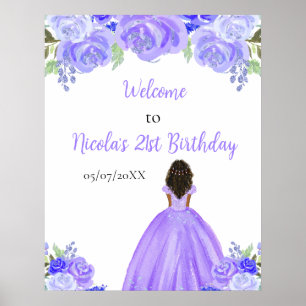 Dark Skin Princess Purple Floral Birthday Welcome Poster