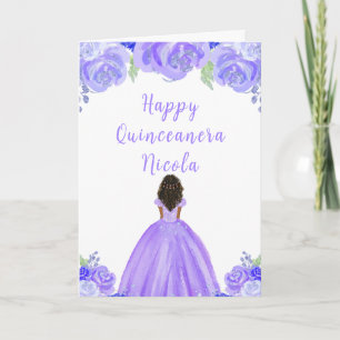 Dark Skin Princess Purple Floral Quinceanera Card