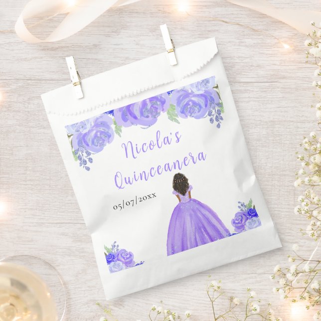 Dark Skin Princess Purple Floral Quinceanera Favour Bags (Clipped)