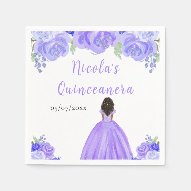 Dark Skin Princess Purple Floral Quinceanera Napkin (Front)