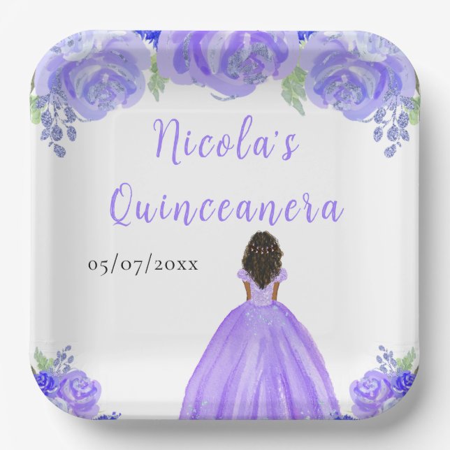 Dark Skin Princess Purple Floral Quinceanera Paper Plate (Front)