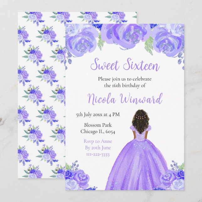 Dark Skin Princess Purple Floral Sweet Sixteen Invitation (Front/Back)