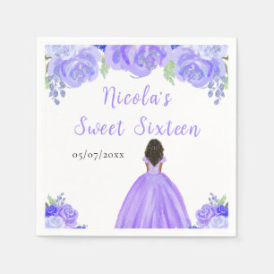 Dark Skin Princess Purple Floral Sweet Sixteen Napkin