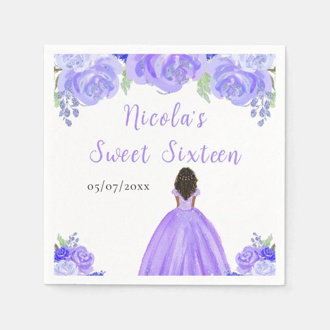 Dark Skin Princess Purple Floral Sweet Sixteen Napkin (Front)