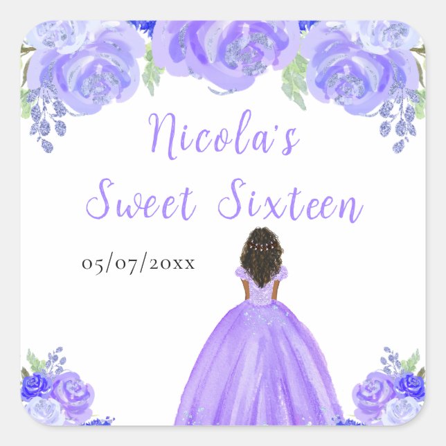 Dark Skin Princess Purple Floral Sweet Sixteen Square Sticker (Front)