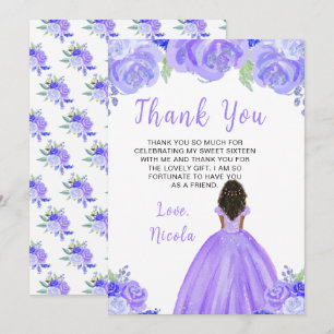 Dark Skin Princess Purple Floral Sweet Sixteen Thank You Card