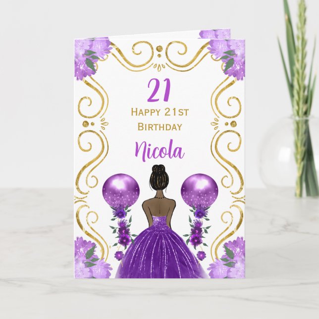 Dark Skin Princess Purple Happy Birthday Card (Front)