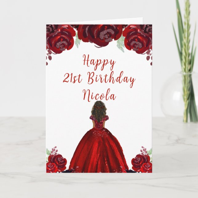 Dark Skin Princess Red Floral Birthday Card (Front)