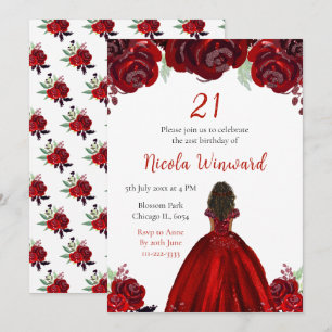 Dark Skin Princess Red Floral Birthday Party Invitation