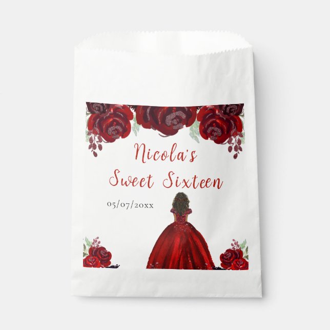 Dark Skin Princess Red Floral Sweet Sixteen Favour Bags (Front)