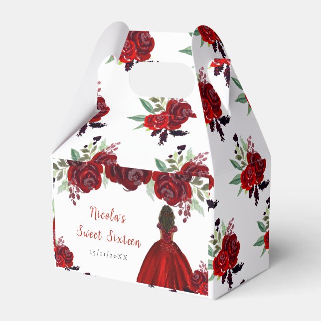 Dark Skin Princess Red Floral Sweet Sixteen Favour Box (Front Side)