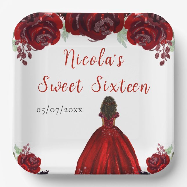 Dark Skin Princess Red Floral Sweet Sixteen Paper Plate (Front)