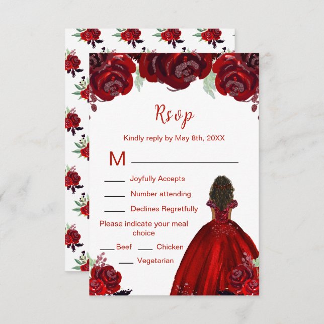 Dark Skin Princess Red Floral Sweet Sixteen RSVP Card (Front/Back)