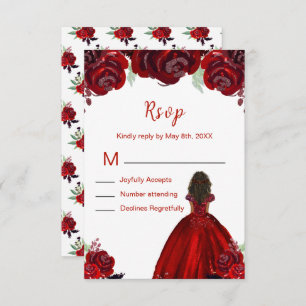 Dark Skin Princess Red Floral Sweet Sixteen RSVP Card