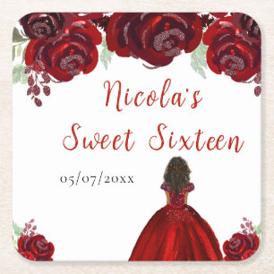 Dark Skin Princess Red Floral Sweet Sixteen Square Paper Coaster