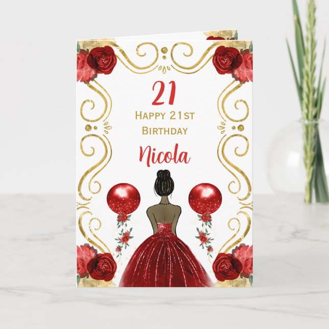 Dark Skin Princess Red Happy Birthday Card (Front)