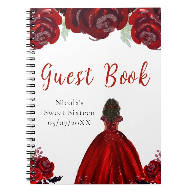 Dark Skin Princess Red Sweet Sixteen Guest Book (Front)