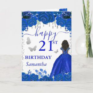 Dark Skin Princess Royal Blue Dress Birthday Card