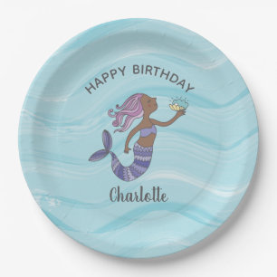 Dark Skin Purple Mermaid Birthday Paper Plate